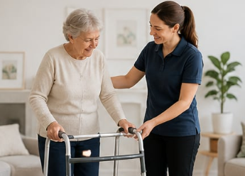 Occupational therapist supporting a client with mobility and walking aids
